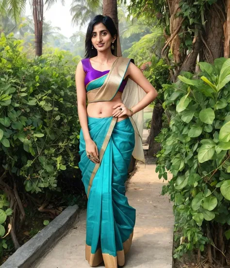 RAW photo, best quality, masterpiece, photo of vineeta8, beautiful woman, standing, full body portrait, wearing a saree, nature background, smiling, looking at viewer, highly detailed, realistic <hypernet:indianSari_v10:0.6>