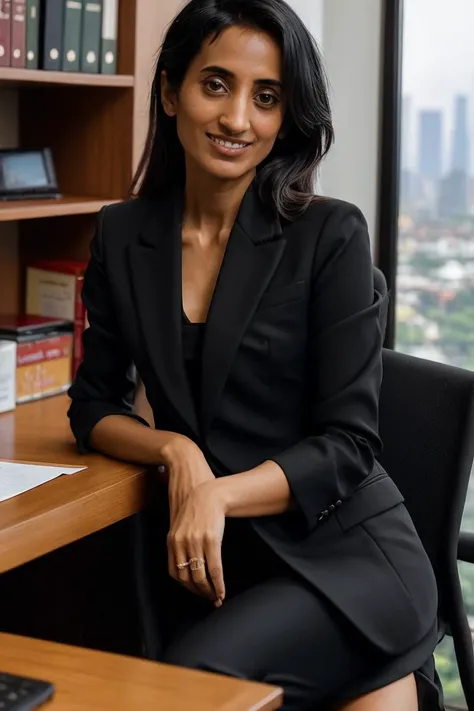 best quality, masterpiece, photo of vineeta8, (a woman wearing a black business suit:1.2), medium shot, sitting in her office, smiling, looking at viewer, highly detailed, realistic