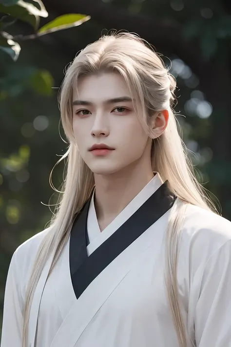 hanfu,masterpiece,best quality,highres,Man with long white hair,young,Handsome face,(Lateral face),<lora:GFman-000002:0.8>,