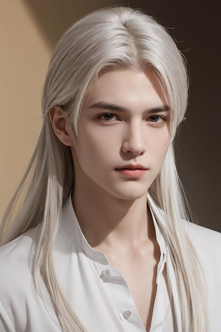 A man with long white hair and a white shirt - SeaArt AI