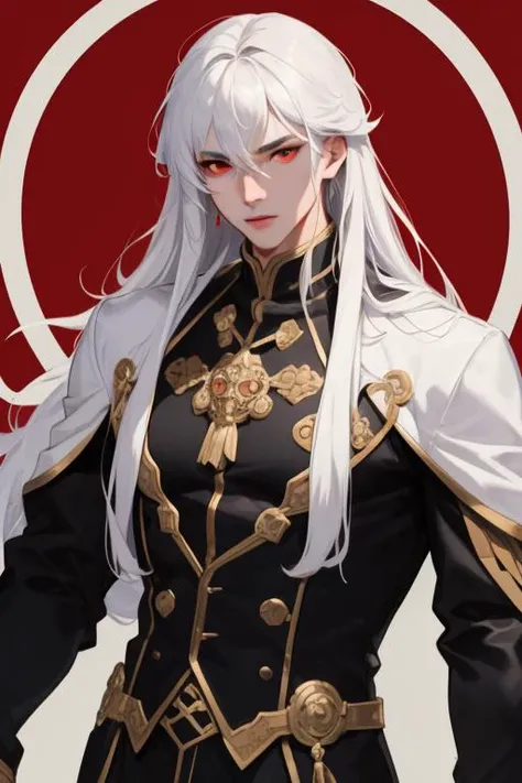((masterpiece:1.2, best quality)), 4k, 1man, adult, mature, handsome, long straight hair, white hair, red eyes, upper body, suit, (muscle:1.4, broad shoulders:1.4, disciplined body) <lora:GFman-000002:0.7>