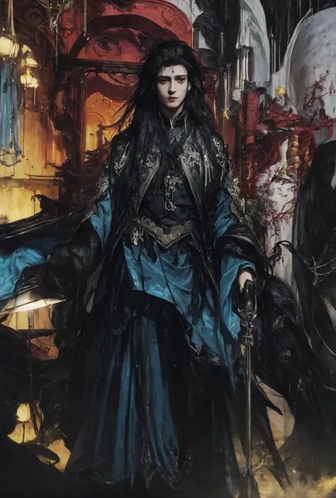 Male, lonely, ethereal, monotonous, silent, helpless, weightless hair, weightless clothes, floating feeling, darkness, (no light source), black smoke background, dim exposure
((Fair skin: 1.5)),
(Long black hair: 1.5), (Wavy hairstyle), Messy hairstyle,
(Masterpiece), (Realism: 1.5), Blurred Background,
Charming, dark, windy, (Baroque),
(Masterpiece, Highest Quality, Best Quality, Official Art, Beauty and Aesthetics: 1.2), (Fractal Art: 1.3), (Particle A: 0.8), (Scatter Style) (Hard Shadow, Matte, Dark Theme, Dim Lights, Dark Tones Contrast Ratio: 1.35), Conservative Clothing, Dark Subjects, (Detailed Pupils), Single Focus, ((Float)) (Caustics), Color Banding,
ï¼ï¼ï¼ï¼ï¼ï¼ï¼ï¼ï¼ï¼ï¼ï¼ï¼ï¼ï¼ï¼ï¼<lora:shuicai:0.75>, IrisCompietï¼ <lora:shuimoshanshui:0.12>,<lora:chuchen1:0.8>ï¼<lora:heiantonghua:0.4>