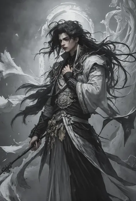 Male, lonely, ethereal, monotonous, silent, helpless, weightless hair, weightless clothes, floating feeling, darkness, (no light source), black smoke background, dim exposure
((Fair skin: 1.5)),
(Long black hair: 1.5), (Wavy hairstyle), Messy hairstyle,
(Masterpiece), (Realism: 1.5), Blurred Background,
Charming, dark, windy, (Baroque),
(Masterpiece, Highest Quality, Best Quality, Official Art, Beauty and Aesthetics: 1.2), (Fractal Art: 1.3), (Particle A: 0.8), (Scatter Style) (Hard Shadow, Matte, Dark Theme, Dim Lights, Dark Tones Contrast Ratio: 1.35), Conservative Clothing, Dark Subjects, (Detailed Pupils), Single Focus, ((Float)) (Caustics), Color Banding,
ï¼ï¼ï¼ï¼ï¼ï¼ï¼ï¼ï¼ï¼ï¼ï¼ï¼ï¼ï¼ï¼ï¼<lora:shuicai:0.75>, IrisCompietï¼ <lora:shuimoshanshui:0.12>,<lora:chuchen1:0.8>ï¼<lora:heiantonghua:0.4>