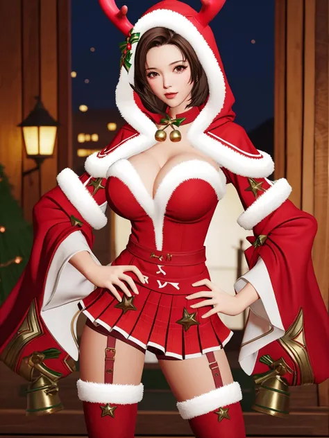 WZRYdiaochanSDLG, 1girl, solo, antlers, bell,thighhighs, choker, brown hair, looking at viewer,hood, reindeer antlers, skirt,breasts, brown eyes, short hair, neck bell, fur trim, garter straps, dress,cleavage, wide sleeves, cityscape,pool, night,mature female, <lora:WZRYdiaochanSDLGxx:0.75>,fur-trimmed legwear,