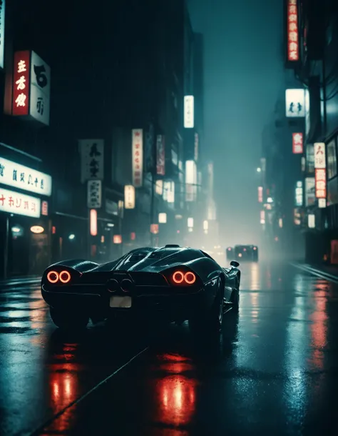 award winning shot from below hypercars racing at night in heavy rain in tokyo in the dark of night making an amospheric heavy scene in the dark, dark scene, dark, film grain, candid camera, color graded cinematic, 1960s vintage RAW photo, 