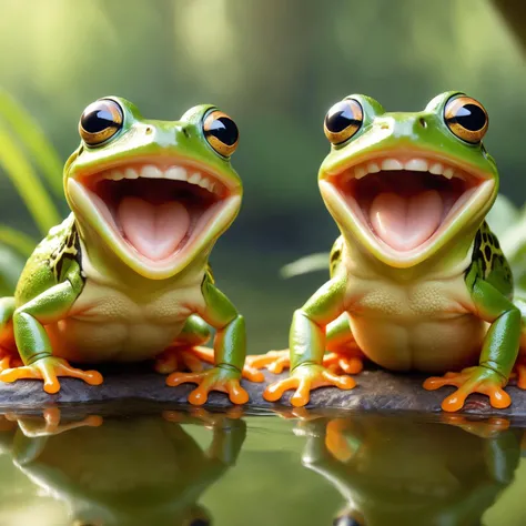 photorealistic by ((( Monika Macdonald ) and Cynthia Sheppard ) and Ted Nasmith ) and Mitch Dobrowner of man holding up two cute frogs while laughing maniacally, dual wielding frogs <lora:happy:0.25><lora:maniacal_laughter:1.75><lora:dual_pistols:0.35> , shallow depth of field