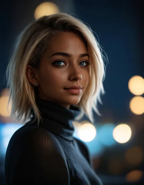 (macro) glamour shot of a beautiful latin young woman wearing a turtleneck bending forward to the viewer in front of a (window:1.3) overlooking (cyberpunk city) at night, bokeh, neon, cyberpunk, dark, low light, low key, blonde hair, dynamic lighting, cinematic still, freckles, dark skin, movie screencap, smile, smirk, piercing blue eyes, extremely long hair, sleek hair, portrait, dynamic pose,, 100mm f/2.8 macro lens, dynamic pose, pov, portrait, close-up