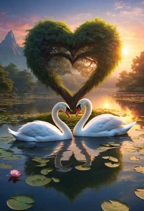 (masterpiece), realistic lighting, score_9, score_8_up, score_7_up, source_anime, realistic, intricate details, hyperdetailed, extremely sharp, 4k, ,vivid colors,
((masterpiece)), ((best quality)), (ultra-detailed), absurdres, extremely detailed CG unity 8k wallpaper, Official Art, two beautiful swans in the pond, one in front of the other, forming a heart, trees, plants, flowers, water lilies, breathtaking sunset, astral energy, magical and romantic atmosphere colorful, late spring scenery, illustration, (dramatic lighting:1.1),
hyperdetailed, hyperrealistic, 8k, high quality, hi res, best quality, high quality, absurd res, volumetric lighting, reflections, polished, intricate, soft warm lighting,