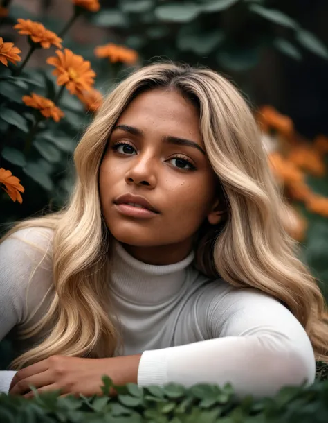 award winning photo macro shot of a beautiful latin woman lying in a majestic flowerbed, blonde hair, dynamic lighting, cinematic still, dark skin, screencap, (freckles), contemplative, smirk, piercing blue eyes, extremely long hair, sleek hair, portrait, dynamic pose, (turtleneck), 100mm f/2.8 macro lens,