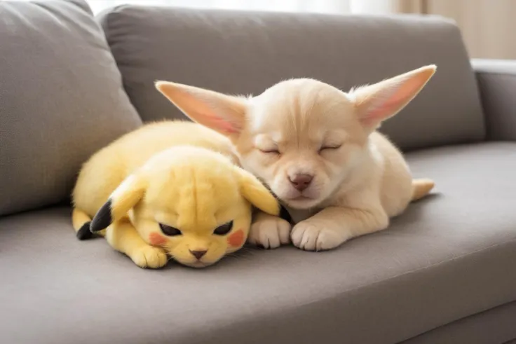 Photo of Pikachu Puppy Kitten sleeping on the couch