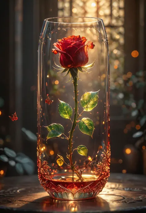 a beautiful transparent glass red rose with a exquisite fragile iridescent glass leafs, surrounded with [white:2] butterflies, intricate details, masterpiece, award winning, rich, breathtaking, golden hour light, bokeh, atmospheric, ((close up))