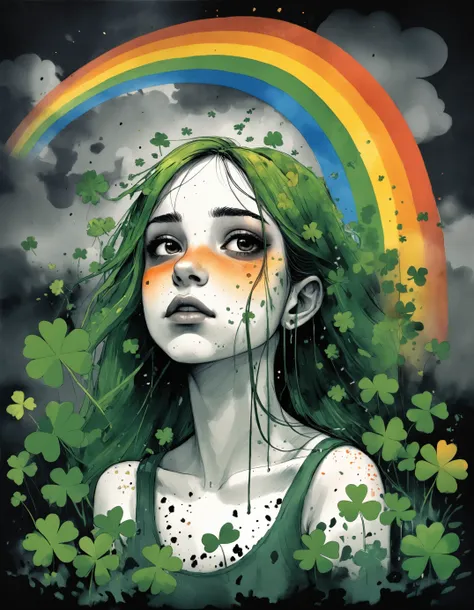 ink illustration, inkpunk, inked, girl waiting, bleak, ink splashes, ink spots, ink smears, evoking loneliness and solitude, bold strokes, ink illustration, torrential thunderstorm, very windy, night, very dark, (rainbow, clover leaves:1.4), vision obscured, green and orange and white tones, desolate, puddles, forest