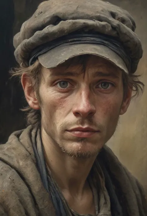 Face of poor Latvian 1800 worker in rags, man looking into the distance, fatigue and happiness on his have, photorealistic, moody colors, gritty, messy style of Alexey Savrasov, Ivan Shishkin, Ilya Repin, highly detailed,