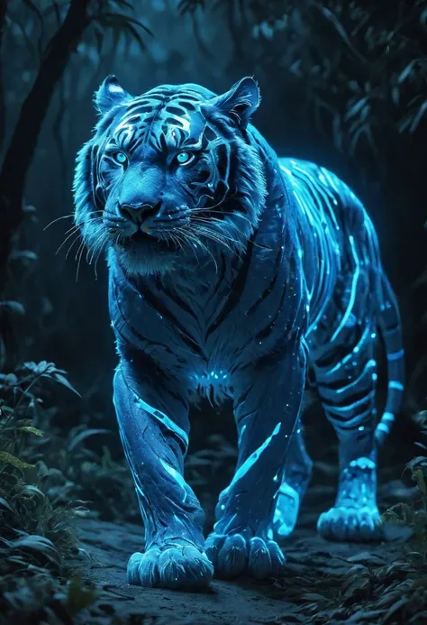 glowing blue bioluminescent tiger