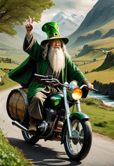 (Gandalf) (dressed for (St Patrick's day:1.5)) on a motorcycle, (carrying a beer barrel), doing the victory sign with hands, in middle earth scenery, LOTR, lord of the rings landscape, 4k, high detail, perfect face details
