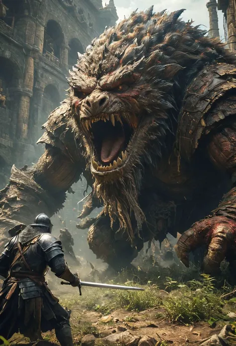 amazing quality, masterpiece, best quality, hyper detailed, ultra detailed, UHD, perfect anatomy, portrait, dof, hyper-realism, majestic, awesome, inspiring, Bosstyle, feudal Ninja Fights brave against a giant colossus straw puppet boss, cinematic composition, soft shadows, national geographic style