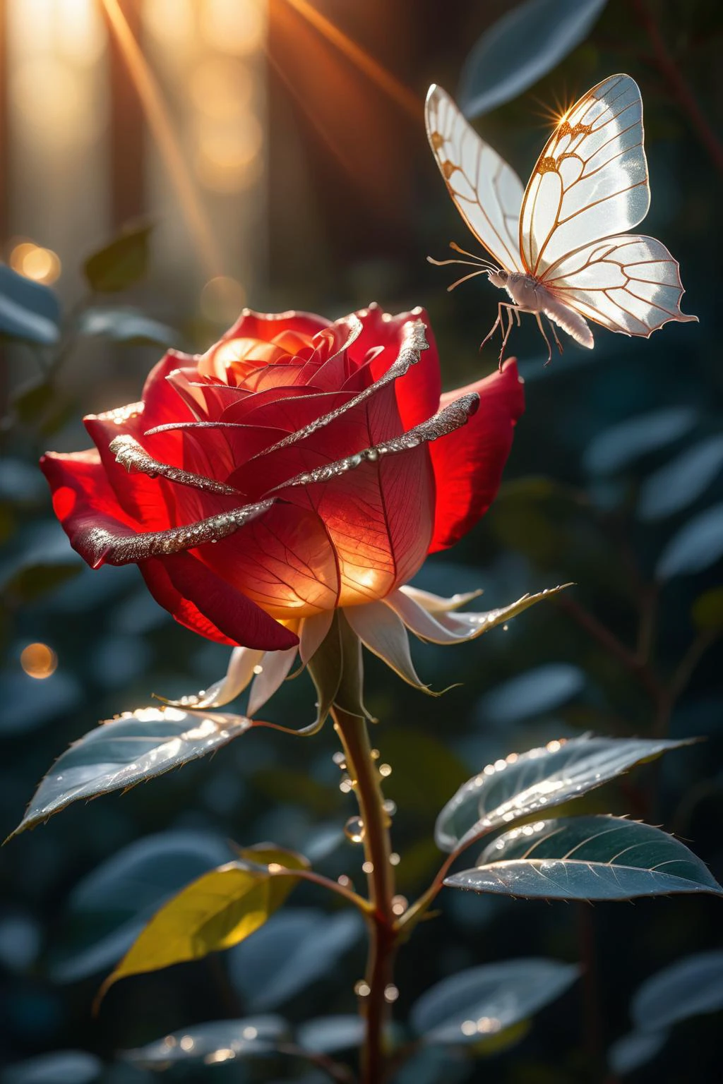 a beautiful transparent glass red rose with a exquisite fragile iridescent glass leafs, surrounded with [white:2] butterflies, intricate details, masterpiece, award winning, rich, breathtaking, golden hour light, bokeh, atmospheric, ((close up))