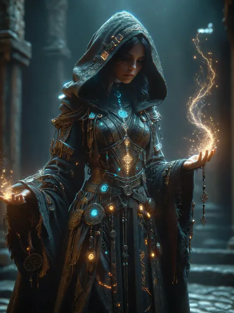 woman, hermeticwizard, hkmagic, floating_cyberpunk_rune, ornate_hooded_robe, talisman, runes, dust, lightrays, ancient_tomb in the background, cinematic shot, dramatic lighting, dim lighting, <lora:Fantasy_Wizard__Witches_SDXL:0.7> <lora:Cyberpunk_Techno-Mages_SDXL:0.7>, masterpiece, best quality, ultra high res, (photorealistic, realistic:1.2), deep shadow, raw photo, film grain, Fujifilm XT3, 8k uhd, dslr