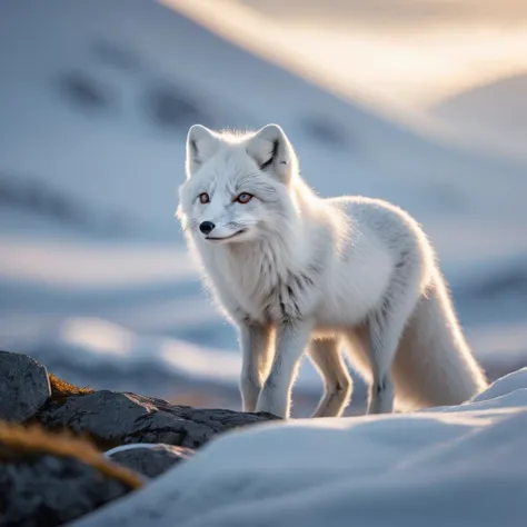 medium long shot wildlife photo of a arctic fox in its natural habitat, evocative lighting, breathtaking, environment, exquisite composition, 8k UHD, award-winning,  highly detailed, sharp focus, depicting a fantasy for a prophesy, the curse of a vivid mind,