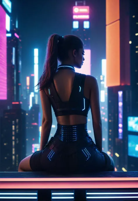 glamour shot from behind of a girl sitting on ledge overlooking a grand neon lit cyberpunk city at a misty night, masterpiece, best quality, dslr, 8k, 4k, ultrarealistic, realistic, raytracing, subsurface scattering, (cyberpunk city), 1girl, sitting, edge of ledge, from behind, (close-up:1.3), night, misty, cloudy, paradise, utopia, skyscraper, citadel, sci-fi, future architecture, 21:9, dynamic, great perspective, film grain, motion blur, cinematic, masterpiece, high quality, highres, absurdres, editorial, official art, artstation, dramatic, great composition, neon light, concept art, matte painting, hyperreal, photoreal, realistic, raw photo, detailed, ultra-detailed, intricate, volumetric lighting,