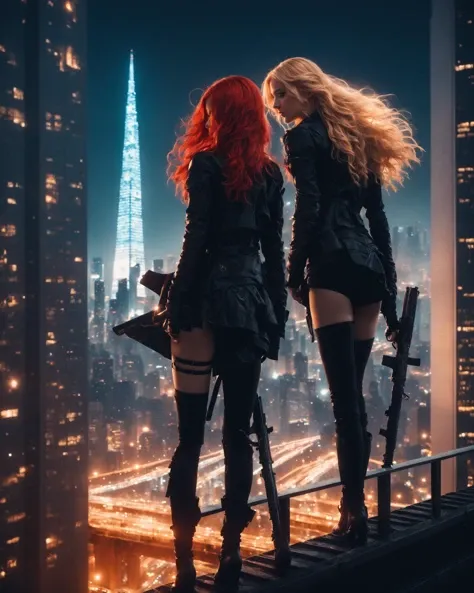 2girls, black_legwear, cityscape, rooftop, scenery, skyscraper, cinematic shot + dynamic composition, incredibly detailed, sharpen, details + intricate detail + professional lighting, film lighting + 35mm + anamorphic + lightroom + cinematography + bokeh + lens flare + film grain + HDR10 + 8K + Roger Deakins, ((cinematic))