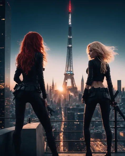 2girls, black_legwear, cityscape, rooftop, scenery, skyscraper, cinematic shot + dynamic composition, incredibly detailed, sharpen, details + intricate detail + professional lighting, film lighting + 35mm + anamorphic + lightroom + cinematography + bokeh + lens flare + film grain + HDR10 + 8K + Roger Deakins, ((cinematic))