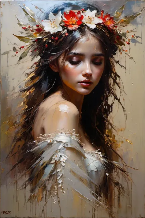 ((amazing quality, award winning, intricately detailed, ultra realistic, extremely detailed 8K)),
((oil painting by Henry Asencio)) portrait of fairy,
floral headband, faded art