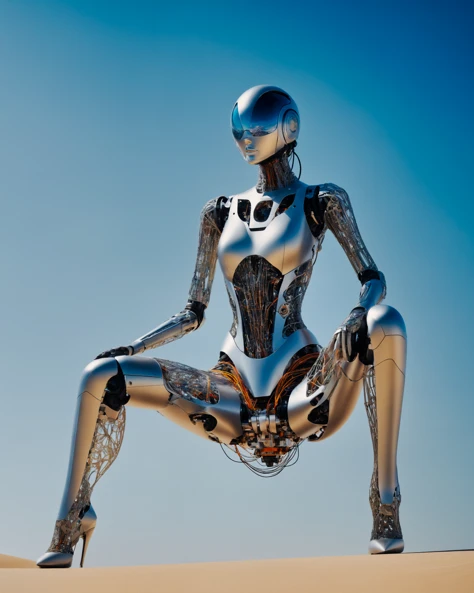 Close-up of a man in a shiny suit, sitting on a chair, gynoid cyborg body, cybernetic body, futuristic robot body, Cyborg technology on the body and legs, Female robot, retrofuturistic Female Android, robotic body, Cybernetic legs, Hajime Sorayama created a girl, Female Android, Humanoid Woman, beautiful android woman