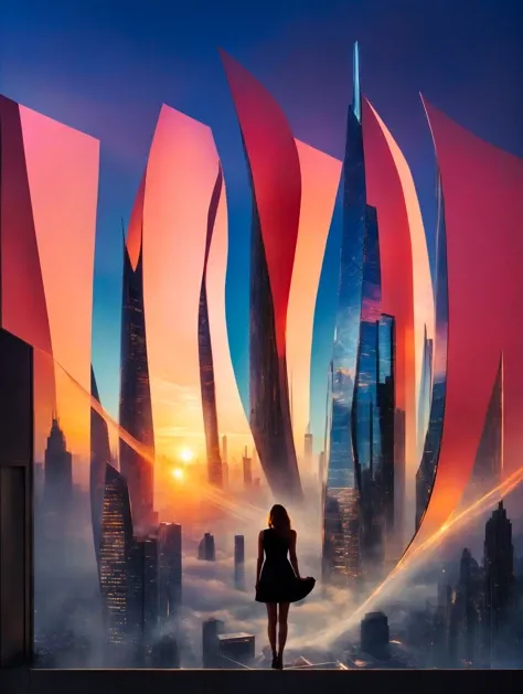 beautiful, girl, balcony, combing, golden locks, sunset, profile, gown, futuristic, cityscape, cinematic shot + dynamic composition, incredibly detailed, sharpen, details + intricate detail + professional lighting, film lighting + 35mm + anamorphic + lightroom + cinematography + bokeh + lens flare + film grain + HDR10 + 8K + Roger Deakins, ((cinematic))