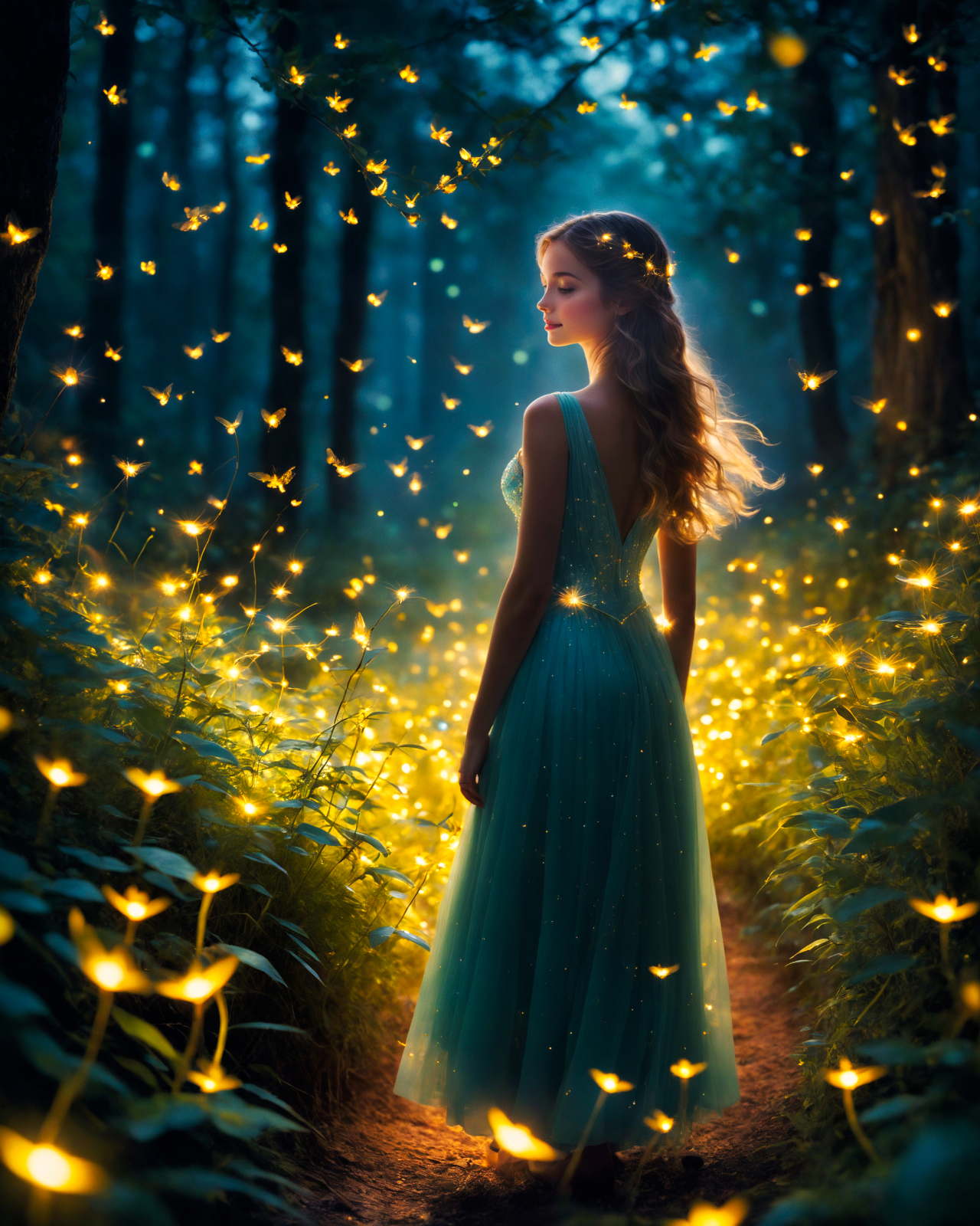 A woman in a green dress standing in a forest with fireflies - SeaArt AI