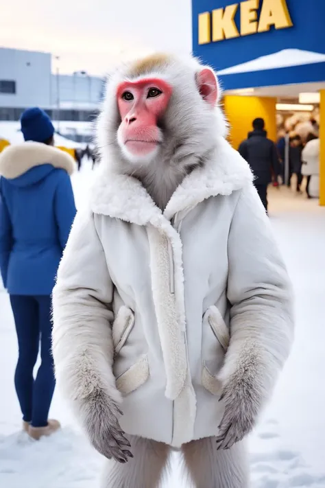 Japanese snow macaque wearing fashionable shearling jacket, posing nobly, ("ikea" in background), snowing, photorealistic, 8k