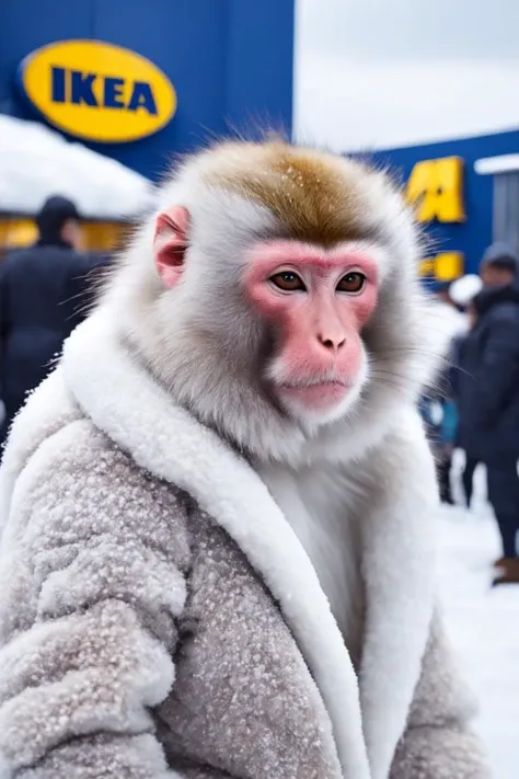 Japanese snow macaque wearing fashionable shearling jacket, posing nobly, ("ikea" in background), snowing, photorealistic, 8k
