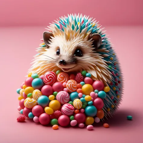 A delightful little hedgehog with a back adorned in a colorful array of various candies., cinematic shot + dynamic composition, incredibly detailed, sharpen, details + intricate detail + professional lighting, film lighting + 35mm + anamorphic + lightroom + cinematography + bokeh + lens flare + film grain + HDR10 + 8K + Roger Deakins, ((cinematic))