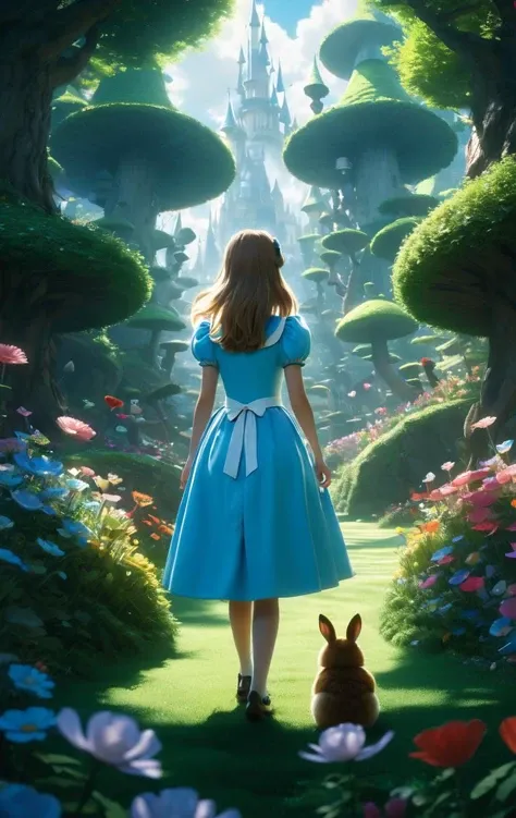 alice in wonderland. a fantasy painting by studio ghibli, makoto shinkai, global illumination, detailed and intricate environment, cinematic lighting, hyperdetailed 3 d render, 8 k realistic, symmetrical, global illumination, radiant light,, frostbite 3 engine, cryengine, dof, trending on artstation, digital art, chanel <lora:Details:0.85>