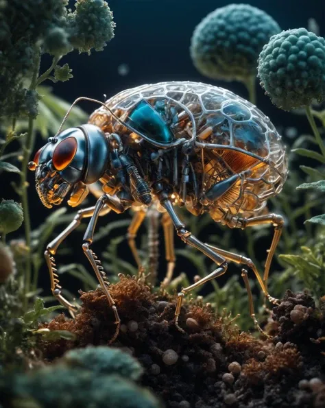 This bio-organism is a fusion of various elements, combining the characteristics of insects, microorganisms, mollusks., cinematic shot + dynamic composition, incredibly detailed, sharpen, details + intricate detail + professional lighting, film lighting + 35mm + anamorphic + lightroom + cinematography + bokeh + lens flare + film grain + HDR10 + 8K + Roger Deakins, ((cinematic))