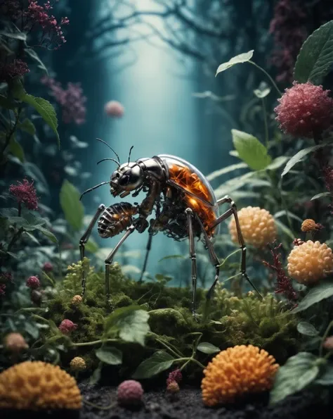 This bio-organism is a fusion of various elements, combining the characteristics of insects, microorganisms, mollusks., cinematic shot + dynamic composition, incredibly detailed, sharpen, details + intricate detail + professional lighting, film lighting + 35mm + anamorphic + lightroom + cinematography + bokeh + lens flare + film grain + HDR10 + 8K + Roger Deakins, ((cinematic))