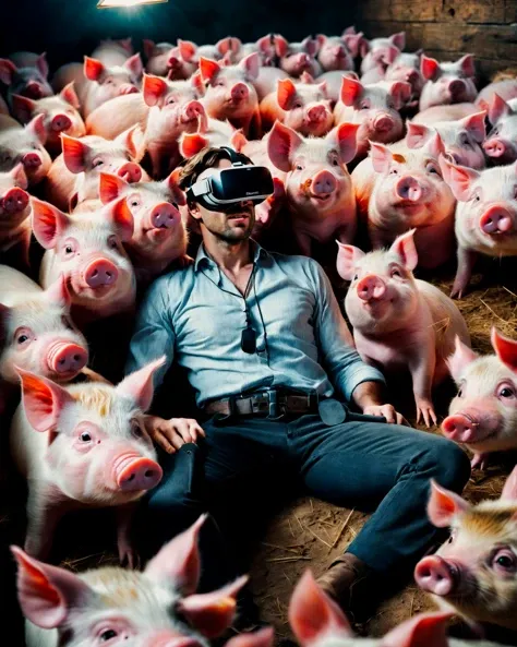 In a whimsical scene, a geeky guy wearing VR goggles reclines amidst a group of little pigs. cinematic shot + dynamic composition, incredibly detailed, sharpen, details + intricate detail + professional lighting, film lighting + 35mm + anamorphic + lightroom + cinematography + bokeh + lens flare + film grain + HDR10 + 8K + Roger Deakins, ((cinematic))