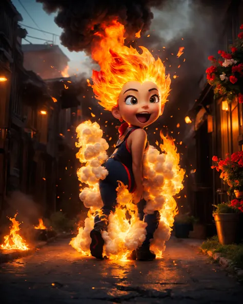 A person's raised buttocks emit a fiery burst of flames while passing gas., photo, studio lighting, sony a7, 35mm, hyperrealistic, big depth of field, concept art, colors, hyperdetailed, hyperrealistic, (big depth of field), (moody lighting), (ambient light), ((cinematic))