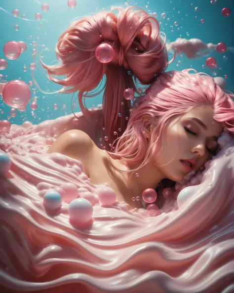 In the bathroom, a stunning girl is washing her hair. Her head is covered in an abundant amount of pink foam, creating a mesmerizing sight. As she rinses her hair, colorful bubbles float in the air, adding a whimsical touch to the scene., photo, studio lighting, sony a7, 35mm, hyperrealistic, big depth of field, concept art, colors, hyperdetailed, hyperrealistic, (big depth of field), (moody lighting), (ambient light), ((cinematic))