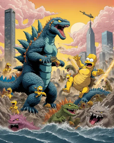 Godzilla finds itself pitted against the beloved characters from The Simpsons animated series, as well as a myriad of mutated creatures., (Studio ghibli style, Art by Hayao Miyazaki:1.2), Anime Style, Manga Style, Hand drawn, cinematic sensual, Sharp focus, humorous illustration, big depth of field, Masterpiece, concept art, trending on artstation, Vivid colors, Simplified style, trending on ArtStation, trending on CGSociety, Intricate, Vibrant colors, Soft Shading, Simplistic Features, Sharp Angles, Playful