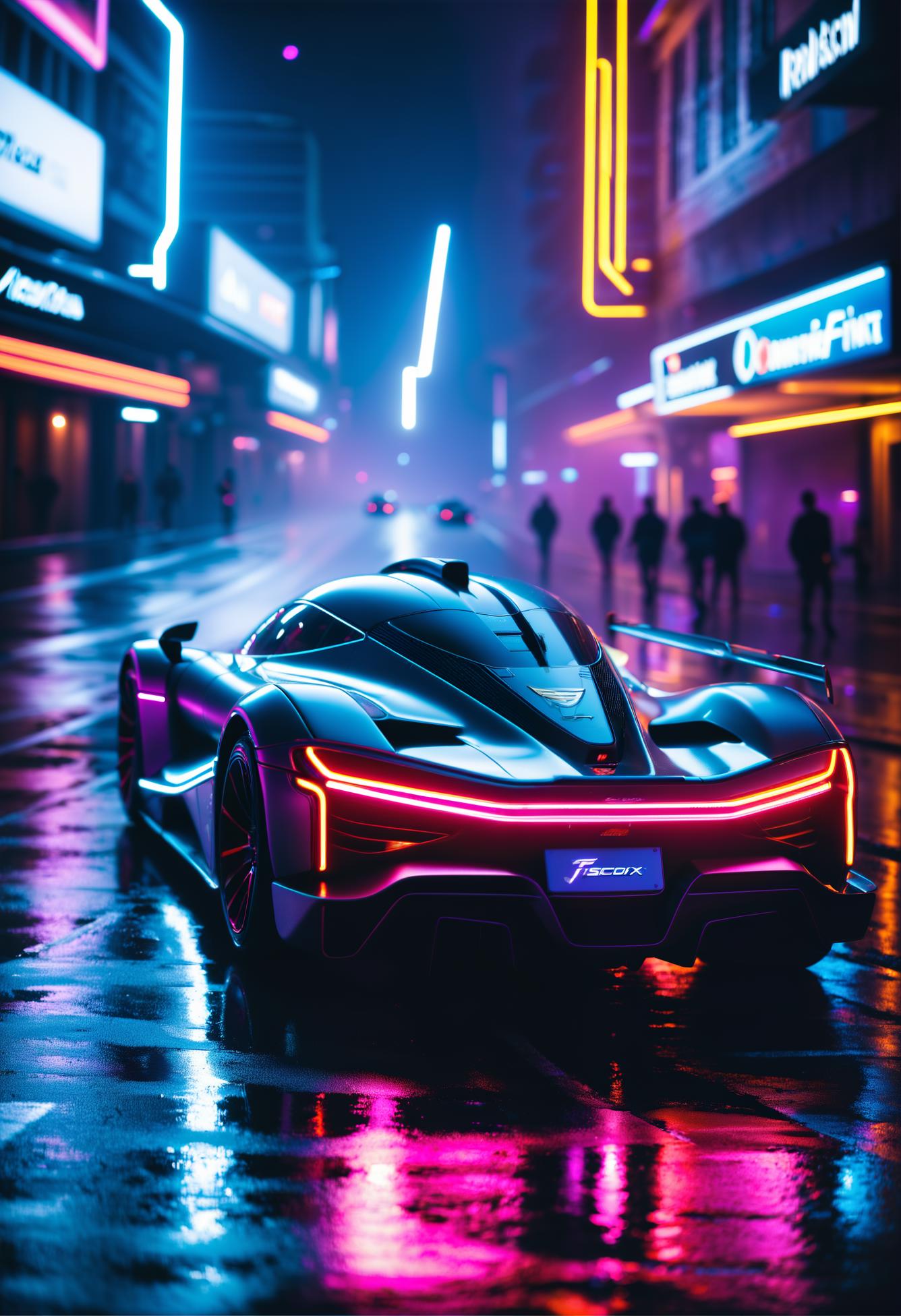 A red sports car parked on a wet street at night - SeaArt AI