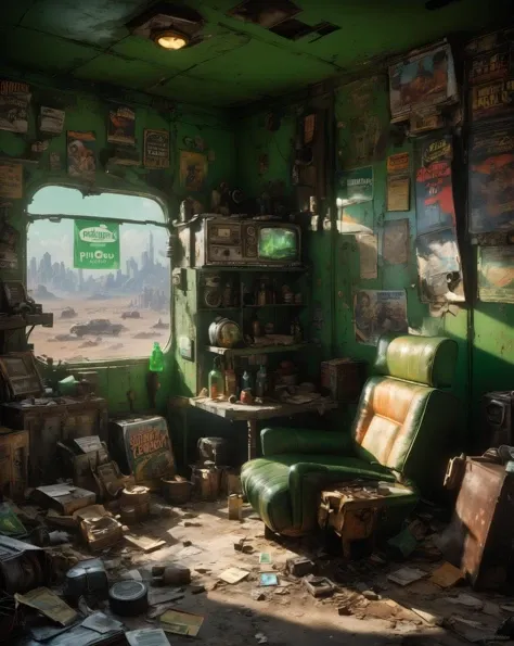 In the dystopian world of Fallout, amidst the ruins of a once thriving city, the iconic character Pip-Boy sits perched on a decaying chair., Modern Disney Style, Pixar Style, Digital art, glow effects, Hand drawn, render, 8k, Pixar renderman render, cinema 4d, blender, atmospheric 4k ultra detailed, cinematic sensual, Sharp focus, humorous illustration, big depth of field, Masterpiece, colors, 3d octane render, 4k, concept art, trending on artstation, hyperrealistic, Vivid colors, modelshoot style, (extremely detailed CG unity 8k wallpaper), professional majestic oil painting by Ed Blinkey, Atey Ghailan, Studio Ghibli, by Jeremy Mann, Greg Manchess, Antonio Moro, trending on ArtStation, trending on CGSociety, Intricate, High Detail, Sharp focus, dramatic, photorealistic painting art by midjourney and greg rutkowski,