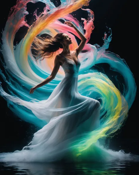 The colorful ink spreads, forming the shape of a tornado that swirls around a dancer., cinematic shot + dynamic composition, incredibly detailed, sharpen, details + intricate detail + professional lighting, film lighting + 35mm + anamorphic + lightroom + cinematography + bokeh + lens flare + film grain + HDR10 + 8K + Roger Deakins, ((cinematic))