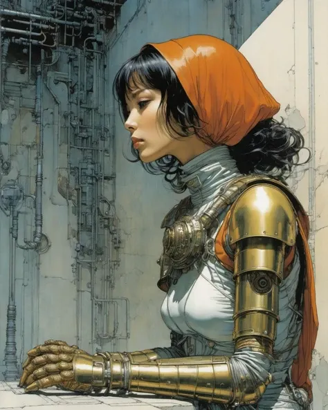 1 female demonic  cyborg , tubes connected to the wall
beautiful
 praying
mechanical arms
 turtle neck sleeveless 
 (color ink painting by   Moebius, Katsuya Terada, Jeffrey Catherine Jones	  )