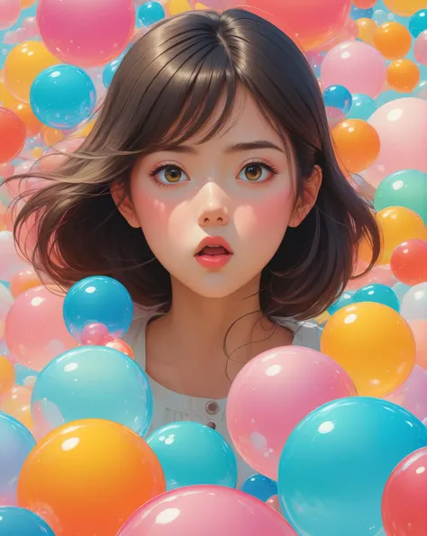 A beautiful girl blows a bubble, (Studio ghibli style, Art by Hayao Miyazaki:1.2), Anime Style, Manga Style, Hand drawn, cinematic sensual, Sharp focus, humorous illustration, big depth of field, Masterpiece, concept art, trending on artstation, Vivid colors, Simplified style, trending on ArtStation, trending on CGSociety, Intricate, Vibrant colors, Soft Shading, Simplistic Features, Sharp Angles, Playful