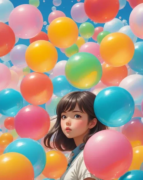 A beautiful girl blows a bubble, (Studio ghibli style, Art by Hayao Miyazaki:1.2), Anime Style, Manga Style, Hand drawn, cinematic sensual, Sharp focus, humorous illustration, big depth of field, Masterpiece, concept art, trending on artstation, Vivid colors, Simplified style, trending on ArtStation, trending on CGSociety, Intricate, Vibrant colors, Soft Shading, Simplistic Features, Sharp Angles, Playful