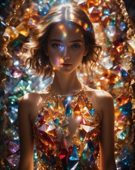 A girl within a prism of colorful crystals., RAW Photo, G-Master Lens, Photorealistic, Hyperrealistic, Hyperdetailed, analog style, natural light, studio lighting, soft lighting, realistic, heavy shadow, masterpiece, best quality, ultra realistic, 8k, golden ratio, Intricate, High Detail, film photography