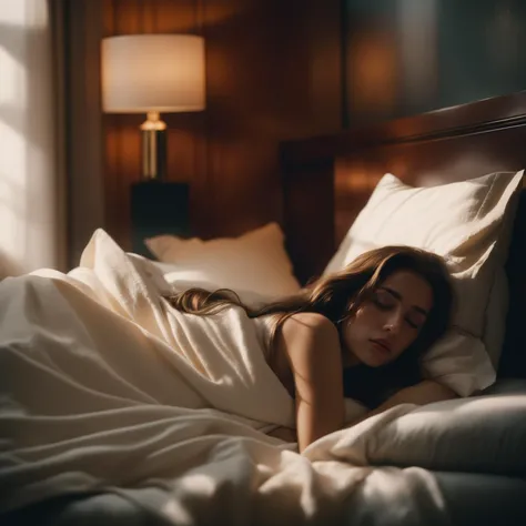 1girl, bed, bed_sheet, blanket, book, brown_hair, lips, long_hair, lying, on_bed, photorealistic, pillow,, cinematic shot + dynamic composition, incredibly detailed, sharpen, details + intricate detail + professional lighting, film lighting + 35mm + anamorphic + lightroom + cinematography + bokeh + lens flare + film grain + HDR10 + 8K + Roger Deakins, ((cinematic))