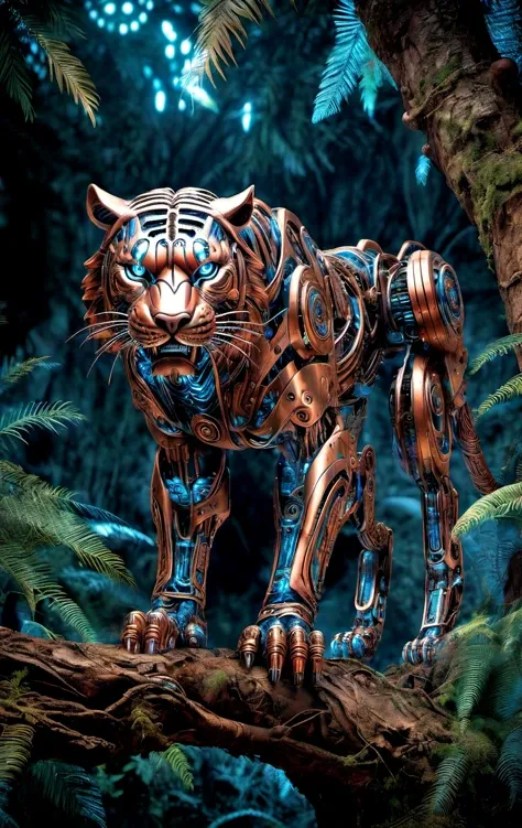 a photograph of a full body mechanical tiger in copper and blue glowing eyes, perched on a tree in the jungle at night, art by Ridley Scott, ultra highly detailed, cinematic, 32k, intricated, high quality,  complex patterns, rust,