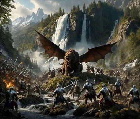 epic battle scene, a massive beast in a forest attacking multiple knights, weapons, swords, fantasy, full armor, holding weapons, holding swords, multiple people in the mountains by a waterfall, style by greg rutkowski, ultra realistic, masterpiece, sharp focus, intricate, sharp details, intricate, highly detailed, rich color, 8K, <lora:greg_rutkowski_xl_2:1>,
